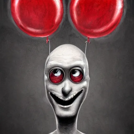 Prompt: surrealism grunge cartoon portrait sketch of a circular monster with a wide smile and a red balloon by - michael karcz, loony toons style, slender man style, horror theme, detailed, elegant, intricate