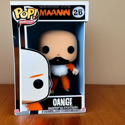 Image similar to funko pop bald man with a large orange beard in funko pop box