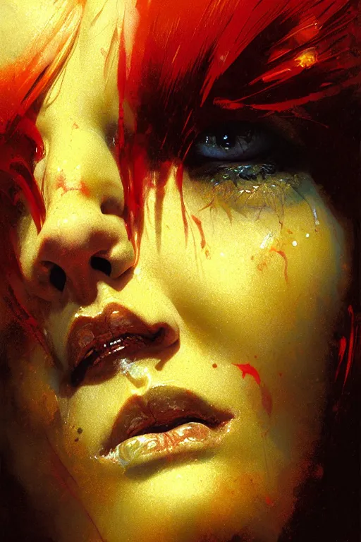 Prompt: extreme close up scarred female warrior face, red hair, yellow eyes portrait dnd, painting by gaston bussiere, craig mullins, greg rutkowski, yoji shinkawa