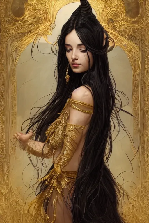 Image similar to fullbody!! of a beautiful woman with long black hair, big natural horns on her head, long flowing intricate dress, gold jewellery, dnd, face, fantasy, intricate, elegant, highly detailed, digital painting, artstation, concept art, smooth, sharp focus, illustration, art by artgerm and greg rutkowski and alphonse mucha