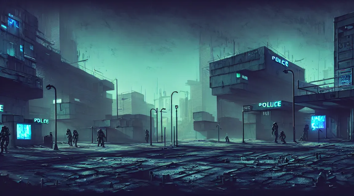 Image similar to post - apocalyptic police station, building, paved roads, complex textures, sci - fi art, highly detailed photography, trending on artstation, hyperrealistic, human silhouettes, cyberpunk, environment artist, dystopian, science fiction, synthwave neon retro, concrete, vivid colors