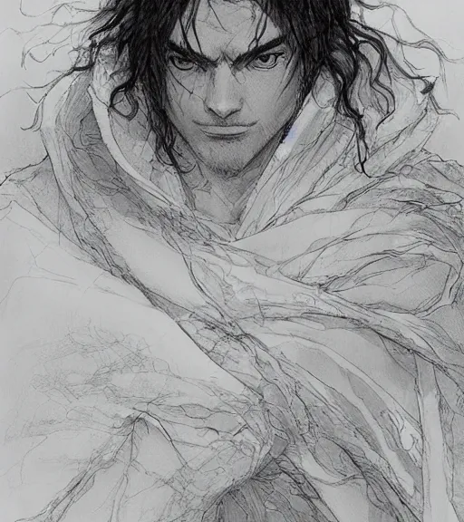 Image similar to portrait of anime man with long hair wearing a white robe stained, pen and ink, intricate line drawings, by craig mullins, ruan jia, kentaro miura, greg rutkowski, loundraw