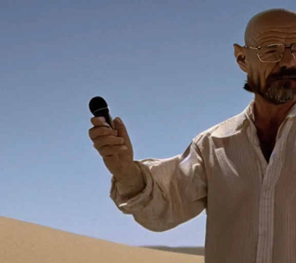 Prompt: walter white singing with a microphone in the desert, realistic, movie still, close up