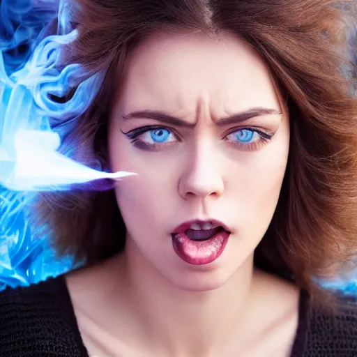 Prompt: hyperdetailed photo of a serious woman with light blue eyes and open mouth, very short dark hair, in a cybercity, in front of smoke behind, wearing crop top, classic, photo 3 5 mm leica, hyperdetail, 8 k, very detailed, fine face