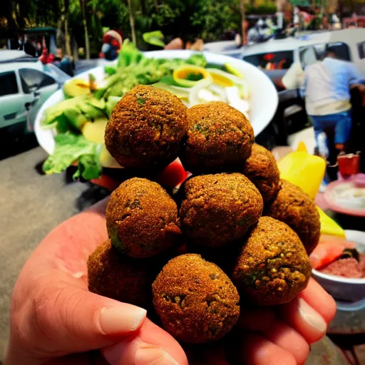 Prompt: flying falafel floating through the valley