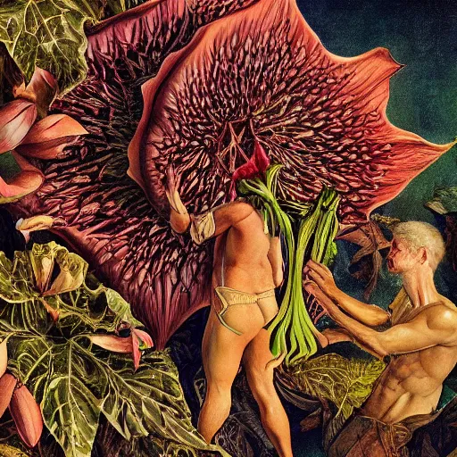 Image similar to close relationship between datura stramonium and men, mythical full of symbolism picture, hyper detailed, hyper realistic, warm colours, symbiosis