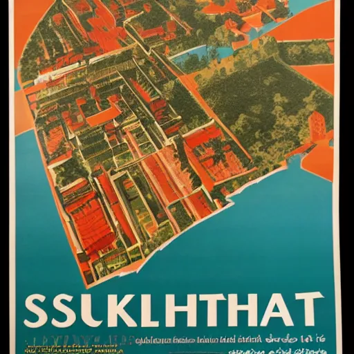 Prompt: vintage poster of sukhothai