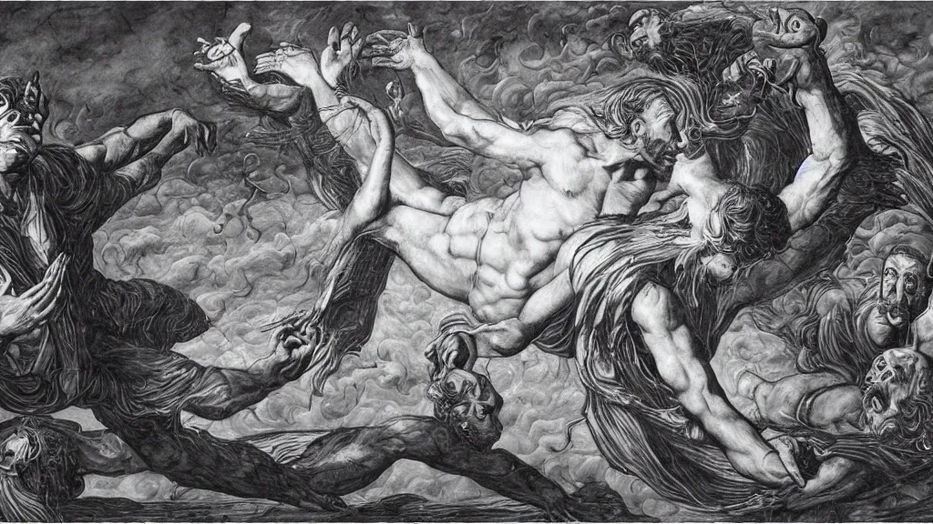 Prompt: the creation of adam in the style of dan hillier