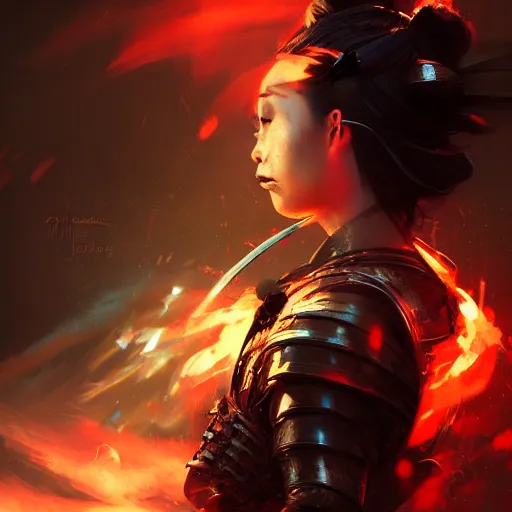 Prompt: beatiful female samurai in front of sparks and smoke in the style of Raymond Swanland, cinematic, artstation