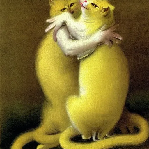 Image similar to two yellow cats hug each other ， rococo, 1 7 3 0, late baroque, antoine watteau