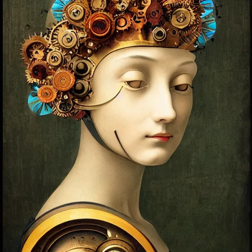 Image similar to portrait of a beautiful young cyborg woman with a big steampunk flower crown and part mechanical face , Metropolis, by Leonardo Da Vinci in the style of Man Ray