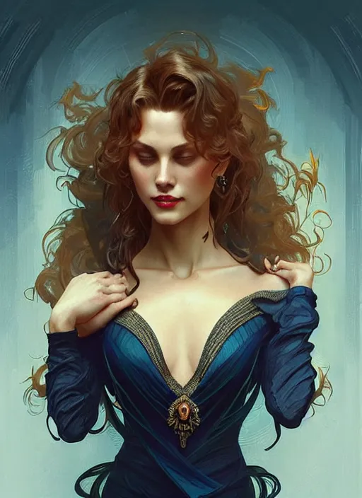 Image similar to “ a beautiful young beau garrett as femme fatale smiling and winking, intricate, elegant, highly detailed, digital painting, artstation, concept art, smooth, sharp focus uhd 8 k, art by artgerm and greg rutkowski and alphonse mucha ”