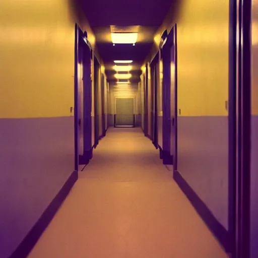 Prompt: noisy color photograph of a liminal space by Quentin Tarantino, hallways, minimalist, oddly familiar, cinematic, soft vintage glow