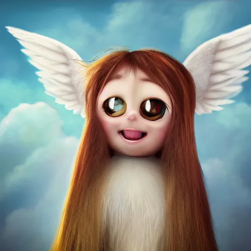 Prompt: a cute little angel monster with long fur, portrait, pixar style, heaven background, cinematic lighting, award winning creature portrait photography