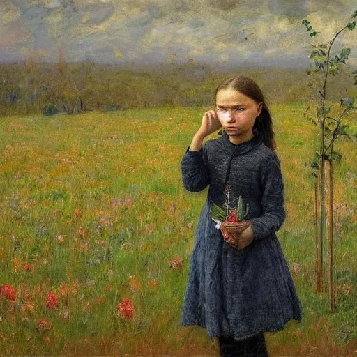 Image similar to Devastated Greta Thunberg holding a green plant and crying, impressionism, barren earth, gloomy colors, brown background, vivid attention to detail, by Greg Rutkowksi and Ilya Repin