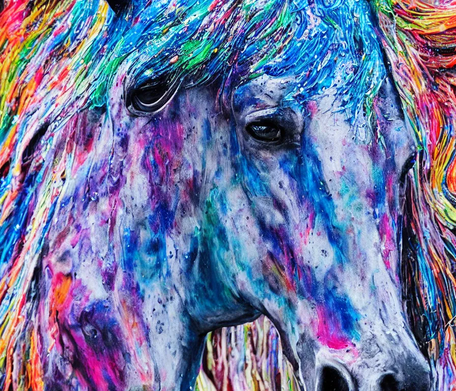 Image similar to still shot close up footage of the portrait of a horse head made of acrylic pour and coloured powder explosion and splashing paint and dripping paint and flying paint chunks, motion blur, hyperrealistic, medical, intricate art photography, anatomically correct, realistic crisp textures, 1 6 k