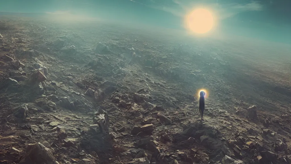 Prompt: There are three suns in the sky, fault, a shock wave, pieces of land, frightening appearance, catastrophic, Breathtaking , the sun's rays through the dust, noise, Hans zimmer Soundtrack, Expectation, fear, art by Mike winkelmann,