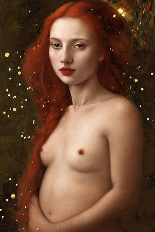 Prompt: portrait of happy a young woman, among the lights of golden fireflies and nature, long loose red hair, intricate details, bright green eyes, freckles on the nose, round gentle face, intricate dress, golden ratio, hyper realistic digital art by artemisia lomi gentileschi and caravaggio, gaston bussiere and tomacz alen kopera.