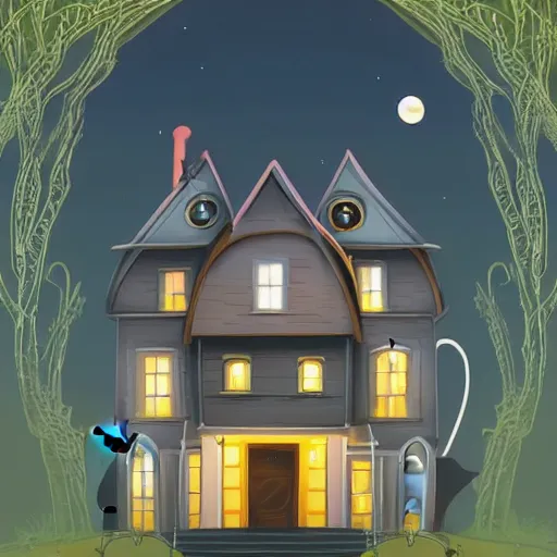 Image similar to very cute adorable digital Illustration of a Halloween house on a round small hill. Glaring lights coming out of the windows. backlit house, moon shining onto the house. Cinematic lighting, movie poster. Award winning digital illustration trending on artstation. art nouveau in the style of Émile Gallé. Very detailed and beautiful digital art