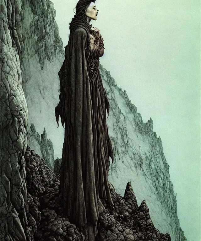 Image similar to A detailed very horned woman stands among the mountains. Wearing a ripped mantle, robe. Perfect faces, extremely high details, realistic, fantasy art, solo, masterpiece, art by Zdzisław Beksiński, Arthur Rackham, Dariusz Zawadzki