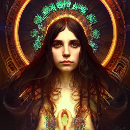 Image similar to concert of an shaman, big eyes, intricate, elegant, highly detailed, digital painting, artstation, concept art, smooth, sharp focus, illustration, art by artgerm and greg rutkowski and alphonse mucha