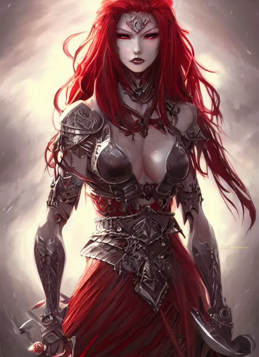 Image similar to beautiful warrior lady, red long hair, practical armor, shiny white skin, demonic eyes, low fantasy, extremely detailed, sharp focus, smooth, digital illustration, by rossdraws, frank franzzeta, sakimichan