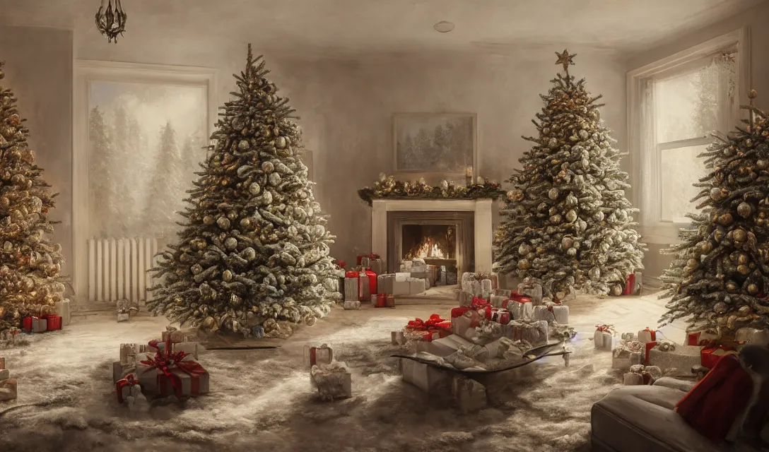 Image similar to a christmas eve in a beautiful home, photorealistic landscape painting on the wall, ascher clemens, home, interior, octane render, deviantart, greg rutkowski, cinematic, key art, hyperrealism, canon eos c 3 0 0, ƒ 1. 8, 3 5 mm, 8 k, medium - format print