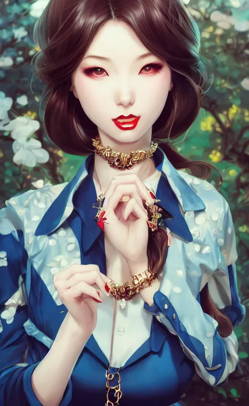 Image similar to a pin up and beautiful fashion and charming and dreamlke japan girl with lv jewelry, character art, art by artgerm lau and kyoung hwan kim and and ilya kuvshinov and john singer sargent, hyperdetailed, 8 k realistic, symmetrical, frostbite 3 engine, cryengine, dof, trending on artstation, digital art