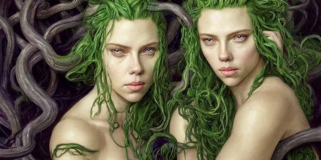 Image similar to epic masterpiece portrait of medusa played by scarlett johansson, followed by head with many souls, beautiful face and flawless skin, perfect hands, emeralds by Edgar Maxence and Ross Tran and Michael Whelan