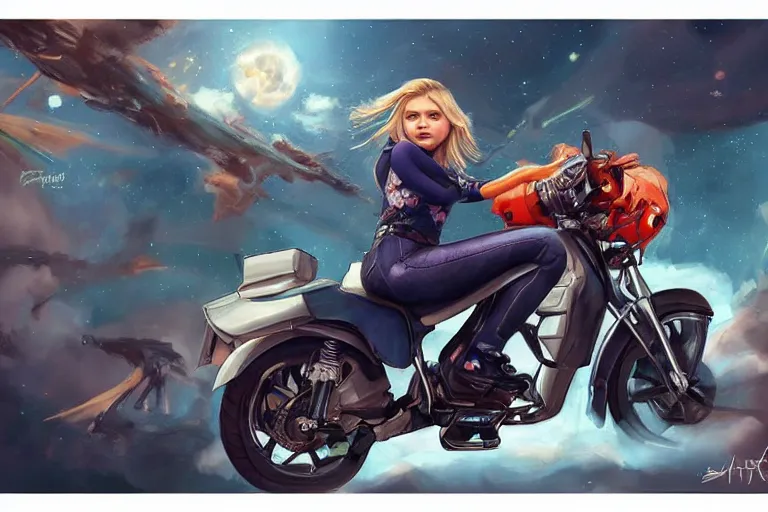 Image similar to chloe grace moretz is riding a motorbike, digital painting, artstation, the space background, concept art, by artgerm hyperdetailed trending on artstation trending on deviantart