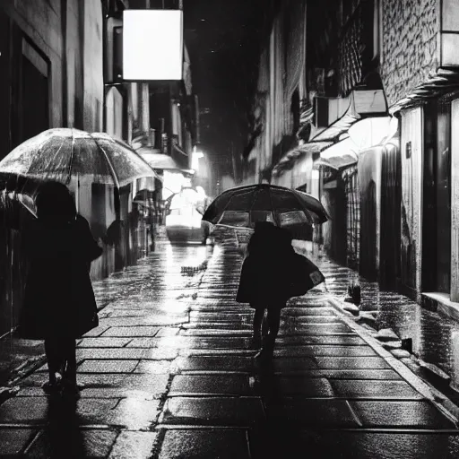 Image similar to a vivid emotional picture of two shadowy figures under one umbrella at night in an ally, it is raining heavily, street lanterns are shining, they are reflected on the rainy street, 35mm, motion blur