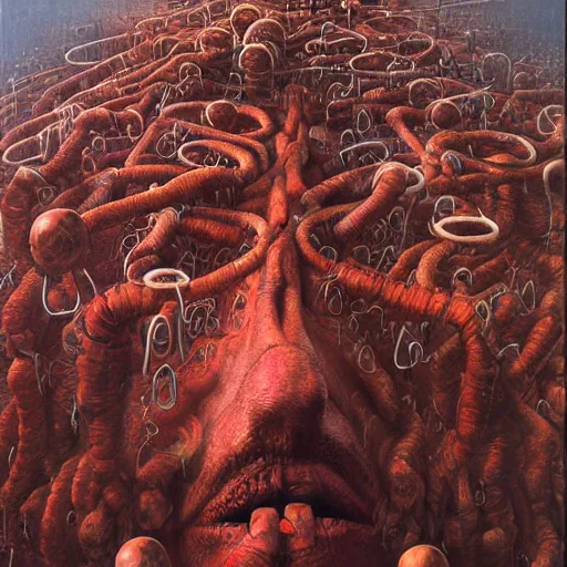 Image similar to hell being turned into paperclips, cosmic horror, biopunk, highly detailed, oil on canvas, zdzisław beksinski, marco mazzoni, peter gric