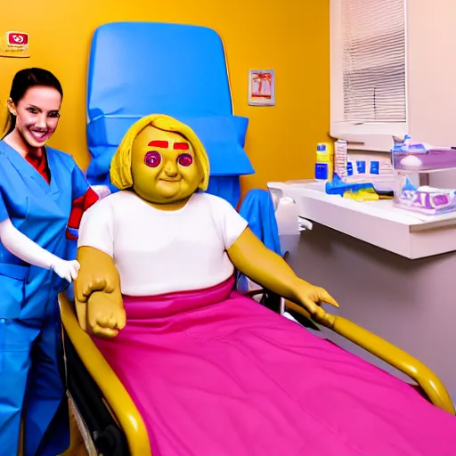 Image similar to photo of a happy patient and doctor or nurse in a medium care hospital room made out of soft candy, candy hospital equipment, candy hospital room, candy treatments, oompa loompa virus, willy wonka pandemic