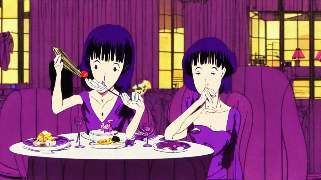 Image similar to a woman wearing a purple dress and wearing a purple slug mask eating dinner at a fancy French restaurant in Tokyo, anime film still from the an anime directed by Katsuhiro Otomo with art direction by Salvador Dalí, wide lens