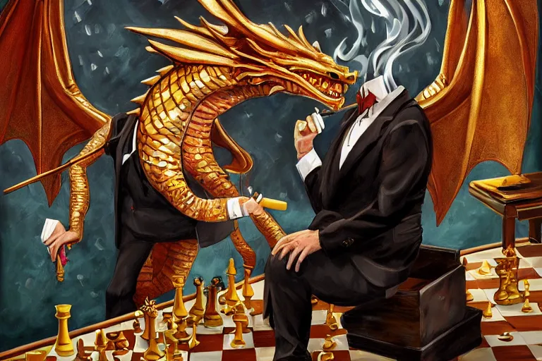 Image similar to oil painting art deco cartoonish fantasy dragon shiny scales golden highlights smoking a cigar sitting at a chess table strategy wearing a handsome suit, trending on artstation, deviantary, furaffinity, line weight
