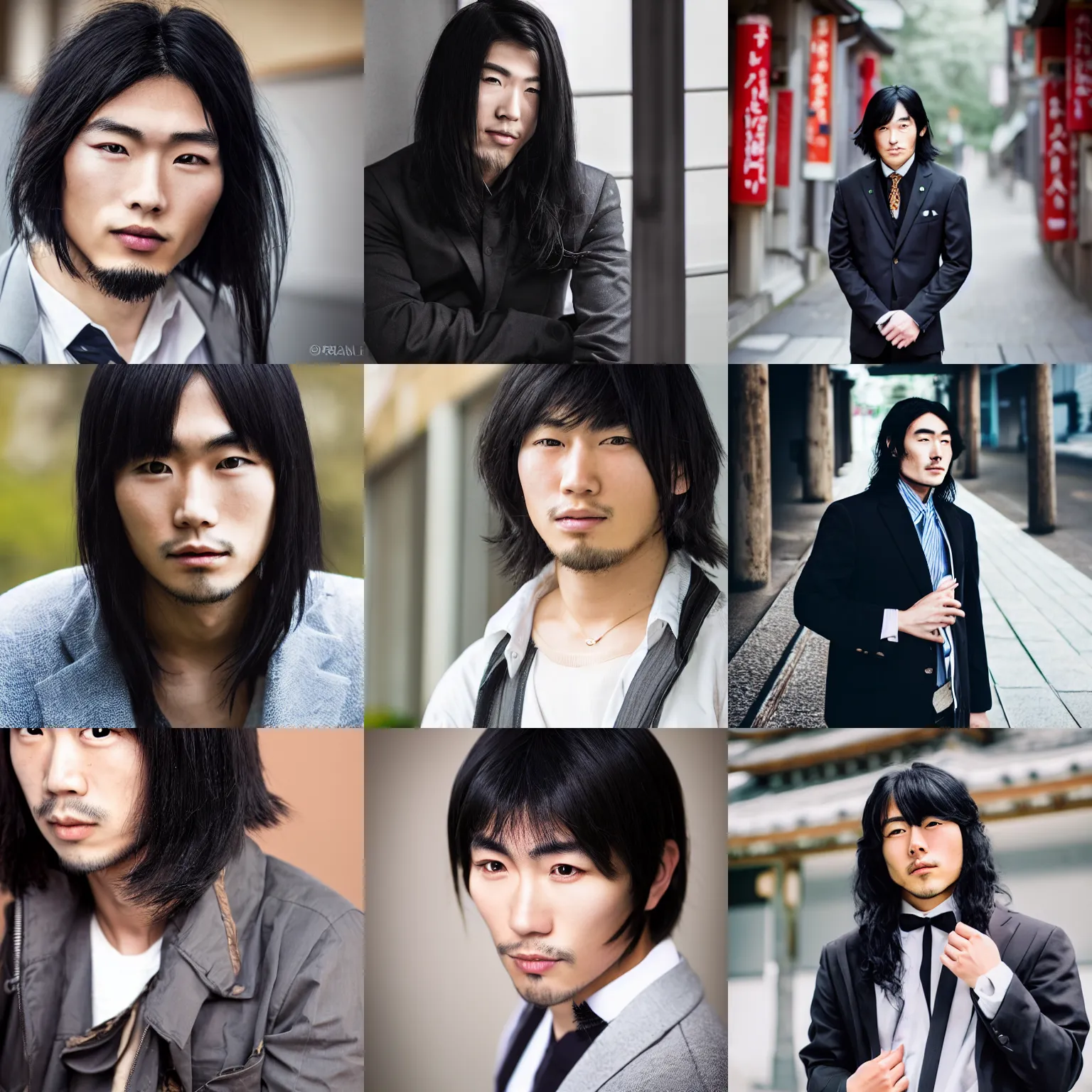 Prompt: a very handsome japanese guy with long black hair, sigma 8 5 mm, high quality, portrait photography