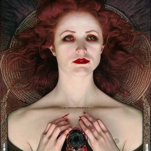 Image similar to portrait of a lady vampire, 35mm, 1920', depth of field, ominous, sharp, highly detailed, photorealistic, realistic, high definition, 8k, deviantart, donato giancola, irwin penn, Alphonse Mucha