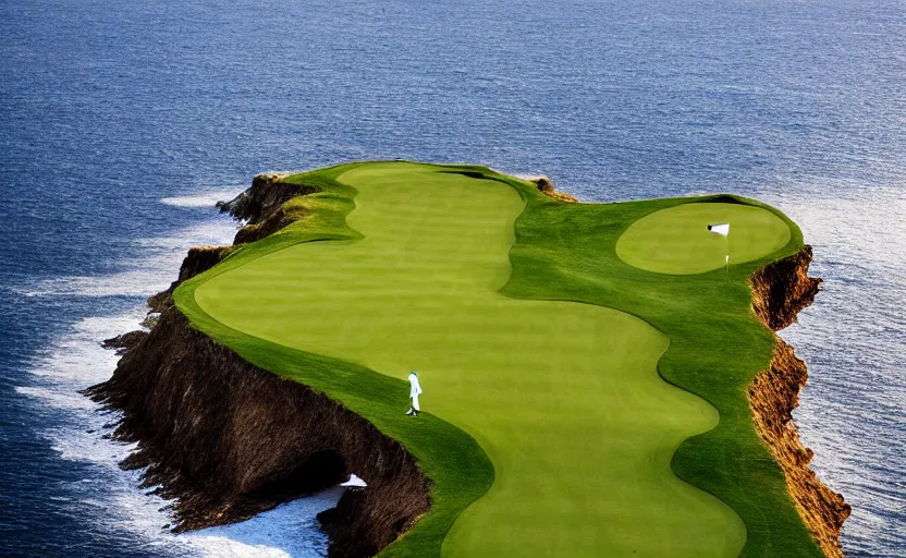 Image similar to a great photograph of the most amazing golf hole in the world, cliffs by the sea, perfect green fairway, human perspective, ambient light, 5 0 mm, golf digest, top 1 0 0, morning fog