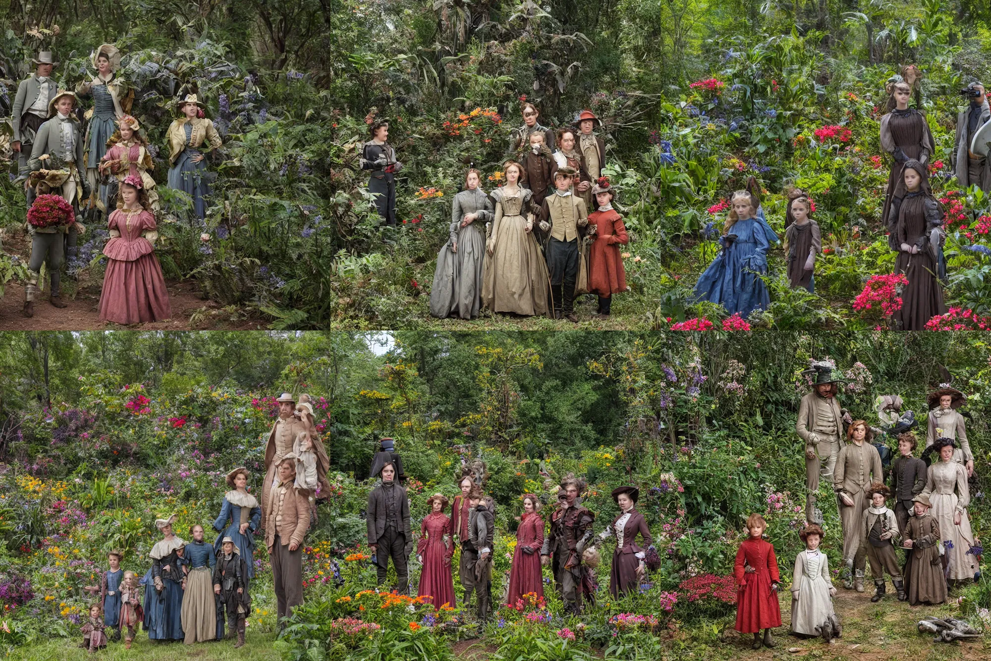 Prompt: sharp, highly detailed, 36864k film, 175000mm film still from a sci fi blockbuster color movie made in 2019, set in 1860, of a family standing in a park, next to some strange alien plants and flowers, on an alien planet, the family are all wearing 1860s era clothes, good lighting, enhanced faces, 105mm f/1.4L lens