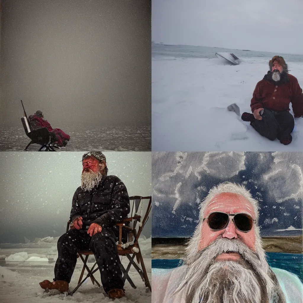 Prompt: portrait of an old man in swimwear with icicles in his beard and hair lying in a beach chair in the arctic during a snowstorm by evgenia arbugaeva, cold colours