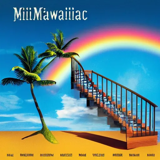 Prompt: miracle musical Hawaii part ii album cover, showing an ocean in the background, spiral transparent stairs on the left, a slight rainbow in the background, white outline border, moon in the right top area