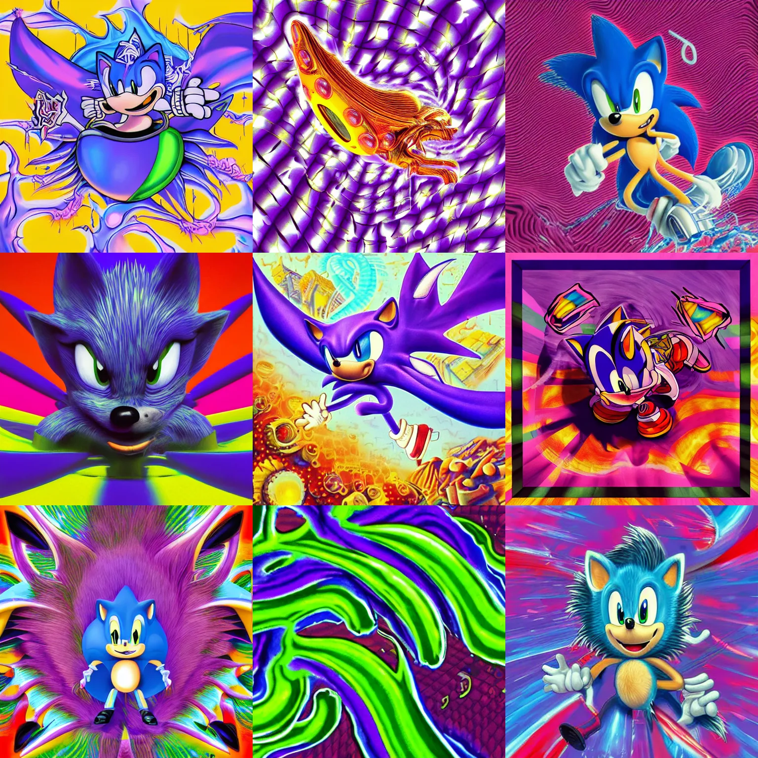 Prompt: surreal, faded, totally radical detailed professional, high quality airbrush art MGMT album cover of a liquid dissolving LSD DMT sonic the hedgehog on a flat purple checkerboard plane, 1990s 1992 prerendered graphics raytraced phong shaded album cover