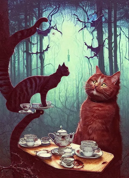 Image similar to cat having tea with a witch at a shrine in the woods gorgeous lighting, lush forest foliage blue sky a hyper realistic painting by chiara bautista and beksinski and norman rockwell and greg rutkowski weta studio, and lucasfilm