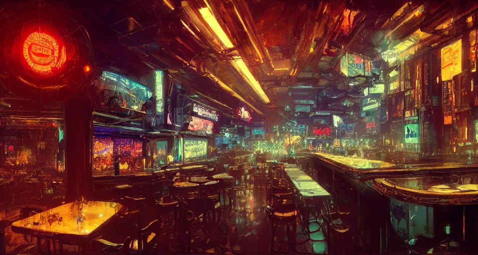 Prompt: cyberpunk bar interior, intricate, elegant, vivid colors, highly detailed, john park, craig mullins, sparth, ruan jia, jeffrey catherine jones