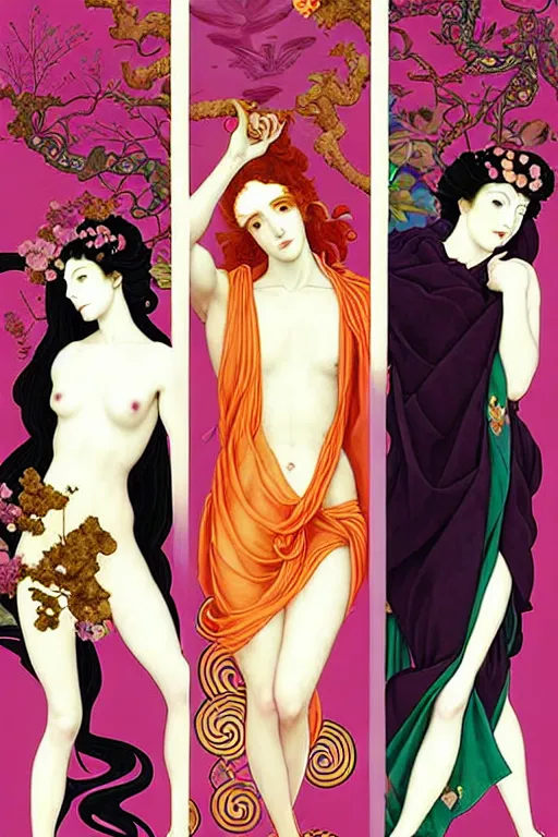 Image similar to 3 Spring Deities, (one representing each month of March, April, and May), in a style blending Æon Flux, Peter Chung, Shepard Fairey, Botticelli, Ivan Bolivian, and John Singer Sargent, inspired by pre-raphaelite paintings, shoujo manga, and unique street fashion, dramatically blossoming flora and fauna, petals falling everywhere, pastel vivid triad colors, hyper detailed, super fine inking lines, ethereal and otherworldly, 4K extremely photorealistic, Arnold render