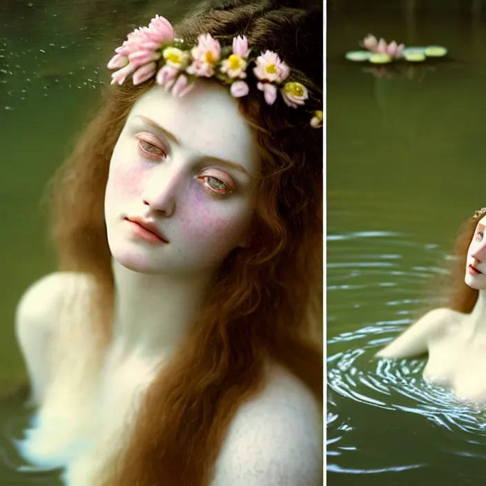 Image similar to Kodak Portra 400, 8K, soft light, volumetric lighting, highly detailed, britt marling style 3/4 ,portrait photo of a beautiful woman how pre-Raphaelites painter, the face emerges from the water of a pond with water lilies, a beautiful lace dress and hair are intricate with highly detailed realistic beautiful flowers , Realistic, Refined, Highly Detailed, natural outdoor soft pastel lighting colors scheme, outdoor fine art photography, Hyper realistic, photo realistic