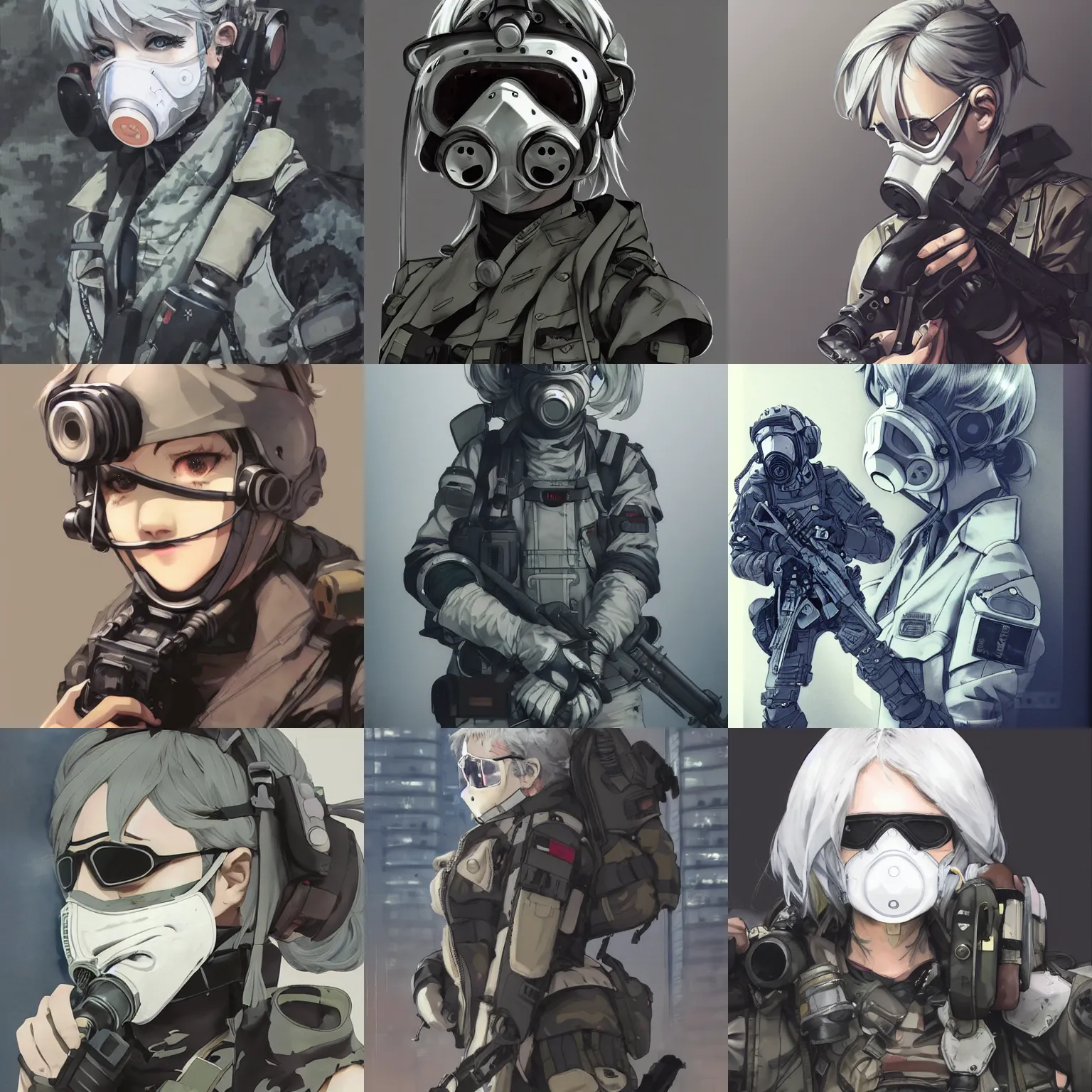 Image similar to girl silver hair, multicam, gas mask, illustration by Yoji Shinkawa and Krenz Cushart, cinematic portrait