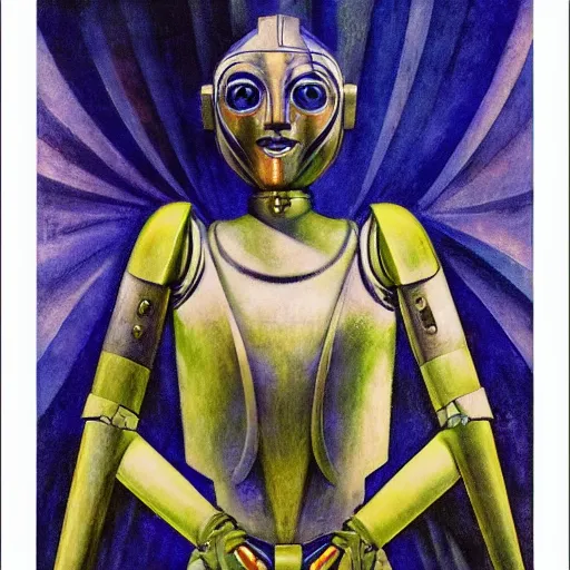 Prompt: the last guest in her Art Deco robot mask, by Annie Swynnerton and Diego Rivera, symbolist, dramatic lighting, elaborate geometric ornament, god rays, soft cool colors,smooth, sharp focus, extremely detailed, Adolf Wölfli