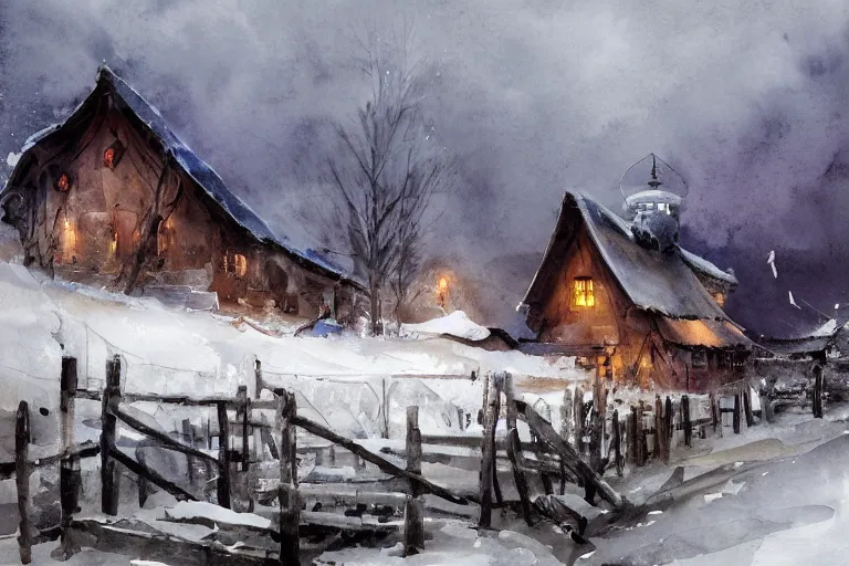 Prompt: paint brush strokes, abstract watercolor painting of rustic village house, interior at winter, medieval straw roof, scandinavian viking age, ambient lantern lighting, art by hans dahl, by jesper ejsing, art by anders zorn, wonderful masterpiece by greg rutkowski, cinematic light, american romanticism by greg manchess, creation by tyler edlin