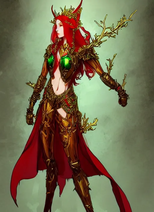 Image similar to Full body portrait of a beautiful red haired elven queen wearing red, green and gold queen dress and elaborate golden crown, bored look. In style of Yoji Shinkawa and Hyung-tae Kim, trending on ArtStation, dark fantasy, great composition, concept art, highly detailed.